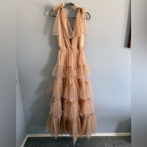 MABLE Tan Tulle Tiered Maxi Dress | Bow Tie Straps | Size L
